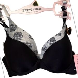 Juicy Couture bras Black Gray crown 34B bling lightly padded underwire 2 pack